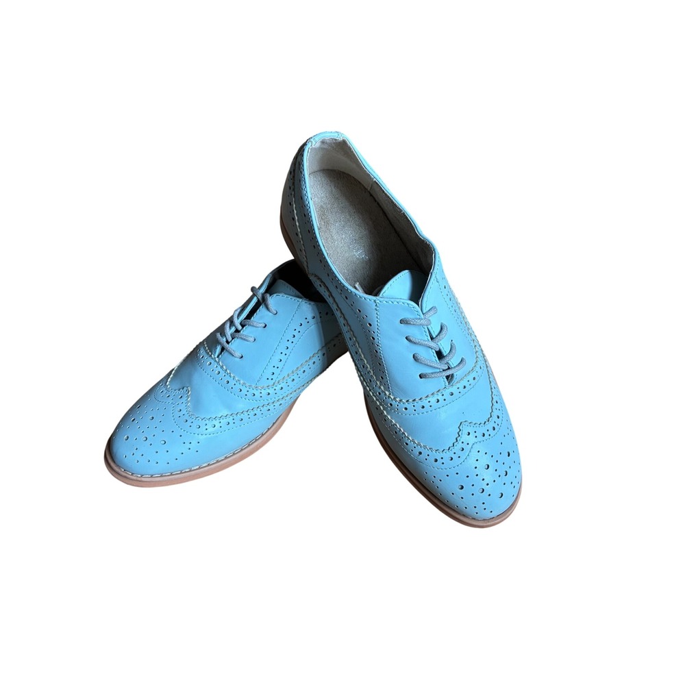 Wanted Women Wingtip Oxford Shoes Light Blue Brogue Lace Up Flat 8 Pastel Retro